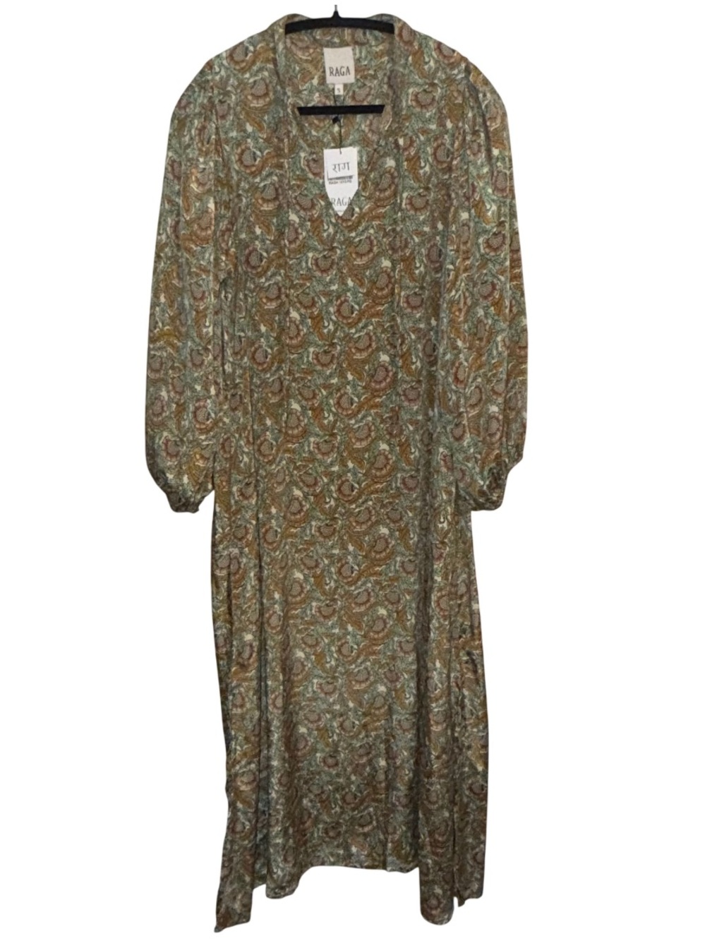 NEW RAGA Floral Paisley Boho Sage Green Long Sleeve Dress Peasant Cottagecore